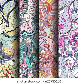 Set of tracery colorful seamless patterns. Curved doodling backgrounds for textile or printing with mehndi and ethnic motives. Vector