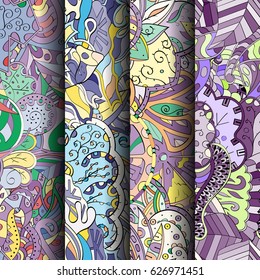Set of tracery colorful seamless patterns. Curved doodling backgrounds for textile or printing with mehndi and ethnic motives. Vector