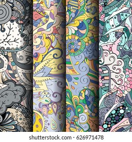 Set of tracery colorful seamless patterns. Curved doodling backgrounds for textile or printing with mehndi and ethnic motives. Vector