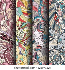 Set of tracery colorful seamless patterns. Curved doodling backgrounds for textile or printing with mehndi and ethnic motives. Vector