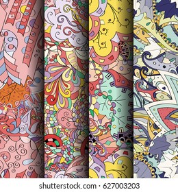 Set of tracery colorful seamless patterns. Curved doodling backgrounds for textile or printing with mehndi and ethnic motives. Vector