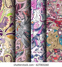 Set of tracery colorful seamless patterns. Curved doodling backgrounds for textile or printing with mehndi and ethnic motives. Vector