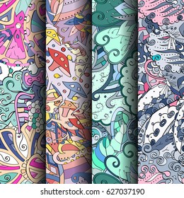 Set of tracery colorful seamless patterns. Curved doodling backgrounds for textile or printing with mehndi and ethnic motives. Vector