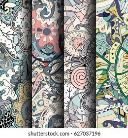 Set of tracery colorful seamless patterns. Curved doodling backgrounds for textile or printing with mehndi and ethnic motives. Vector