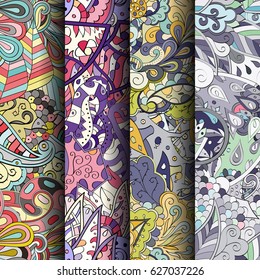 Set of tracery colorful seamless patterns. Curved doodling backgrounds for textile or printing with mehndi and ethnic motives. Vector