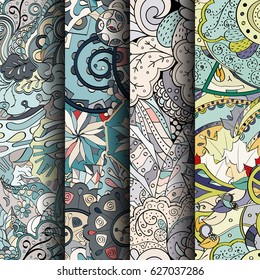 Set of tracery colorful seamless patterns. Curved doodling backgrounds for textile or printing with mehndi and ethnic motives. Vector