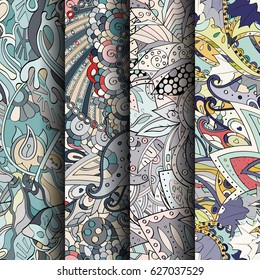 Set of tracery colorful seamless patterns. Curved doodling backgrounds for textile or printing with mehndi and ethnic motives. Vector