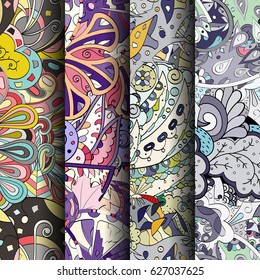 Set of tracery colorful seamless patterns. Curved doodling backgrounds for textile or printing with mehndi and ethnic motives. Vector