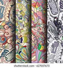 Set of tracery colorful seamless patterns. Curved doodling backgrounds for textile or printing with mehndi and ethnic motives. Vector