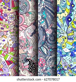 Set of tracery colorful seamless patterns. Curved doodling backgrounds for textile or printing with mehndi and ethnic motives. Vector