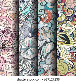 Set of tracery colorful seamless patterns. Curved doodling backgrounds for textile or printing with mehndi and ethnic motives. Vector