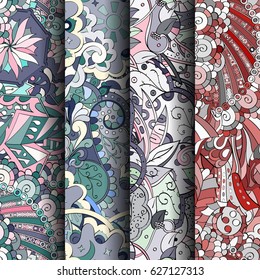 Set of tracery colorful seamless patterns. Curved doodling backgrounds for textile or printing with mehndi and ethnic motives. Vector