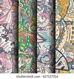Set of tracery colorful seamless patterns. Curved doodling backgrounds for textile or printing with mehndi and ethnic motives. Vector