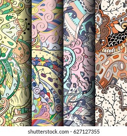 Set of tracery colorful seamless patterns. Curved doodling backgrounds for textile or printing with mehndi and ethnic motives. Vector