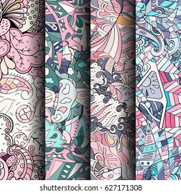 Set of tracery colorful seamless patterns. Curved doodling backgrounds for textile or printing with mehndi and ethnic motives. Vector