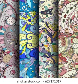 Set of tracery colorful seamless patterns. Curved doodling backgrounds for textile or printing with mehndi and ethnic motives. Vector