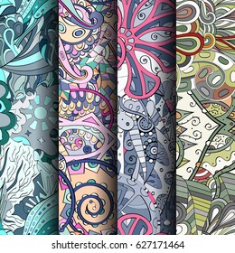 Set of tracery colorful seamless patterns. Curved doodling backgrounds for textile or printing with mehndi and ethnic motives. Vector