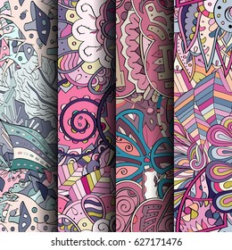 Set of tracery colorful seamless patterns. Curved doodling backgrounds for textile or printing with mehndi and ethnic motives. Vector