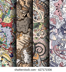 Set of tracery colorful seamless patterns. Curved doodling backgrounds for textile or printing with mehndi and ethnic motives. Vector
