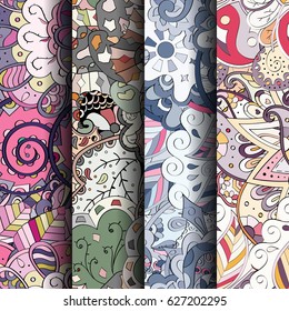 Set of tracery colorful seamless patterns. Curved doodling backgrounds for textile or printing with mehndi and ethnic motives. Vector