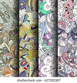 Set of tracery colorful seamless patterns. Curved doodling backgrounds for textile or printing with mehndi and ethnic motives. Vector