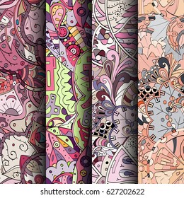 Set of tracery colorful seamless patterns. Curved doodling backgrounds for textile or printing with mehndi and ethnic motives. Vector