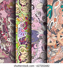 Set of tracery colorful seamless patterns. Curved doodling backgrounds for textile or printing with mehndi and ethnic motives. Vector