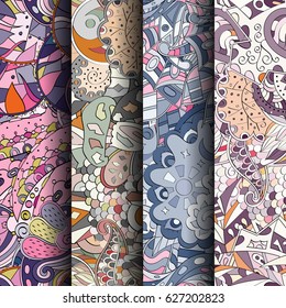 Set of tracery colorful seamless patterns. Curved doodling backgrounds for textile or printing with mehndi and ethnic motives. Vector