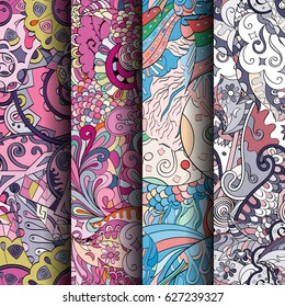 Set of tracery colorful seamless patterns. Curved doodling backgrounds for textile or printing with mehndi and ethnic motives. Vector