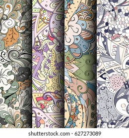 Set of tracery colorful seamless patterns. Curved doodling backgrounds for textile or printing with mehndi and ethnic motives. Vector