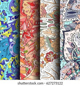 Set of tracery colorful seamless patterns. Curved doodling backgrounds for textile or printing with mehndi and ethnic motives. Vector