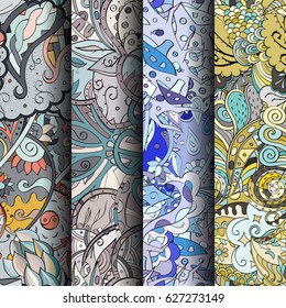 Set of tracery colorful seamless patterns. Curved doodling backgrounds for textile or printing with mehndi and ethnic motives. Vector