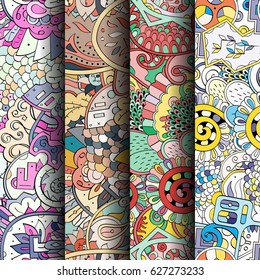 Set of tracery colorful seamless patterns. Curved doodling backgrounds for textile or printing with mehndi and ethnic motives. Vector