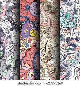 Set of tracery colorful seamless patterns. Curved doodling backgrounds for textile or printing with mehndi and ethnic motives. Vector