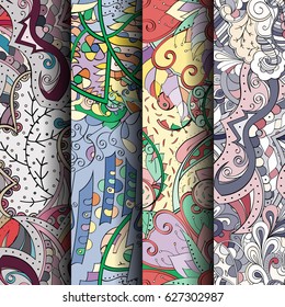 Set of tracery colorful seamless patterns. Curved doodling backgrounds for textile or printing with mehndi and ethnic motives. Vector