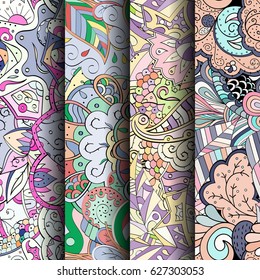 Set of tracery colorful seamless patterns. Curved doodling backgrounds for textile or printing with mehndi and ethnic motives. Vector
