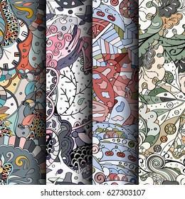 Set of tracery colorful seamless patterns. Curved doodling backgrounds for textile or printing with mehndi and ethnic motives. Vector