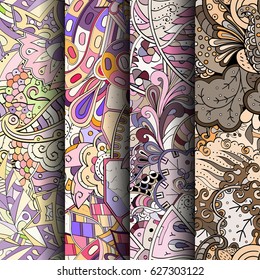 Set of tracery colorful seamless patterns. Curved doodling backgrounds for textile or printing with mehndi and ethnic motives. Vector