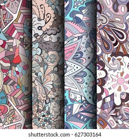 Set of tracery colorful seamless patterns. Curved doodling backgrounds for textile or printing with mehndi and ethnic motives. Vector