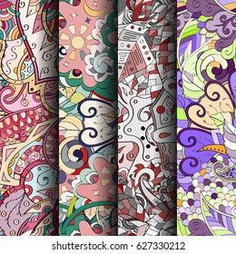 Set of tracery colorful seamless patterns. Curved doodling backgrounds for textile or printing with mehndi and ethnic motives. Vector