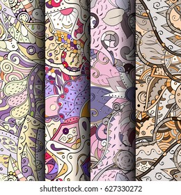 Set of tracery colorful seamless patterns. Curved doodling backgrounds for textile or printing with mehndi and ethnic motives. Vector