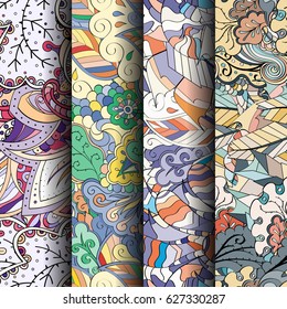 Set of tracery colorful seamless patterns. Curved doodling backgrounds for textile or printing with mehndi and ethnic motives. Vector