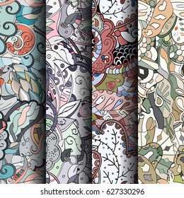 Set of tracery colorful seamless patterns. Curved doodling backgrounds for textile or printing with mehndi and ethnic motives. Vector