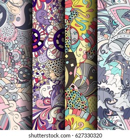 Set of tracery colorful seamless patterns. Curved doodling backgrounds for textile or printing with mehndi and ethnic motives. Vector