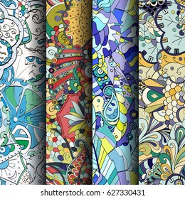 Set of tracery colorful seamless patterns. Curved doodling backgrounds for textile or printing with mehndi and ethnic motives. Vector
