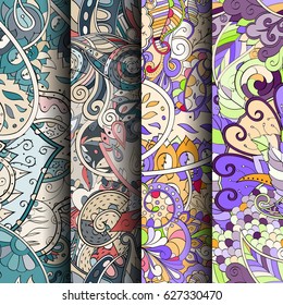 Set of tracery colorful seamless patterns. Curved doodling backgrounds for textile or printing with mehndi and ethnic motives. Vector