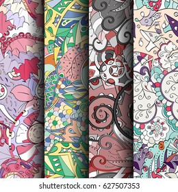 Set of tracery colorful seamless patterns. Curved doodling backgrounds for textile or printing with mehndi and ethnic motives. Vector