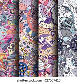 Set of tracery colorful seamless patterns. Curved doodling backgrounds for textile or printing with mehndi and ethnic motives. Vector