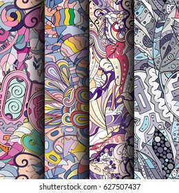 Set of tracery colorful seamless patterns. Curved doodling backgrounds for textile or printing with mehndi and ethnic motives. Vector