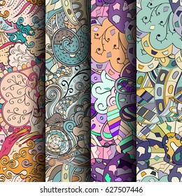 Set of tracery colorful seamless patterns. Curved doodling backgrounds for textile or printing with mehndi and ethnic motives. Vector